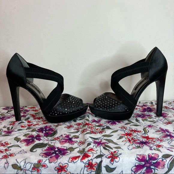 Nina New York Black Satin Rhinestone Platform Heels Thick Criss Cross Straps - Picture 8 of 12